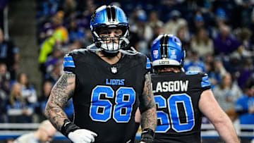 Detroit Lions offensive tackle Taylor Decker (68) warms up before the game between Detroit Lions and Minnesota Vikings at Ford Field in Detroit on Sunday, Jan. 5, 2025.