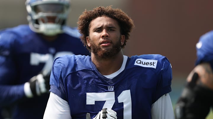 Aug 4, 2025; East Rutherford, NJ, USA; New York Giants guard Marcus Mbow (71) on the field during training camp at Quest Diagnostics Training Center. Mandatory Credit: Vincent Carchietta-Imagn Images