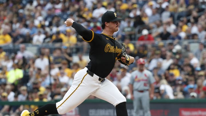 Jul 23, 2024; Pittsburgh, Pennsylvania, USA;  Pittsburgh Pirates starting pitcher Paul Skenes (30) pitches against the St. Louis Cardinals during the second inning at PNC Park. Mandatory Credit: Charles LeClaire-USA TODAY Sports