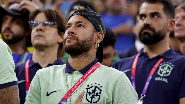 Brazil's Neymar is seen during the national anthem prior to the match against Cameroon at the 2022 World Cup in Qatar