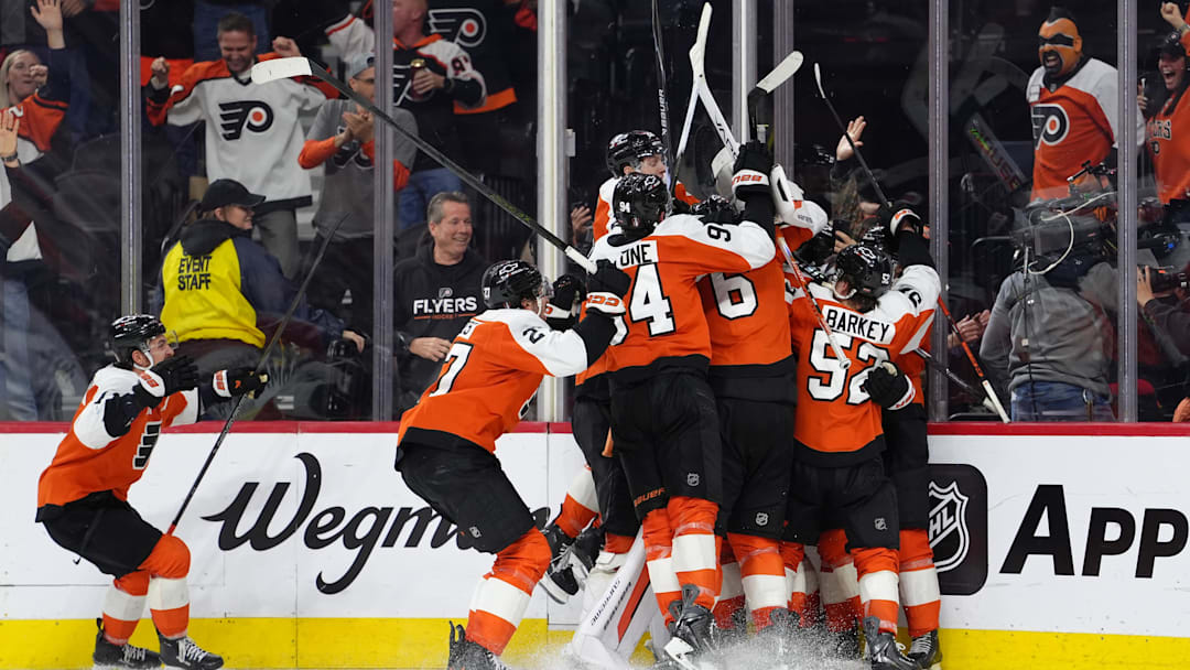 Apr 29, 2026; Philadelphia, Pennsylvania, USA; The Philadelphia Flyers celebrate after game six of the first round of the 2026 Stanley Cup Playoffs against the Pittsburgh Penguins at Xfinity Mobile Arena. Mandatory Credit: Kyle Ross-Imagn Images