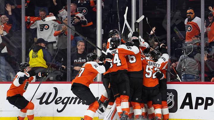 Apr 29, 2026; Philadelphia, Pennsylvania, USA; The Philadelphia Flyers celebrate after game six of the first round of the 2026 Stanley Cup Playoffs against the Pittsburgh Penguins at Xfinity Mobile Arena. Mandatory Credit: Kyle Ross-Imagn Images