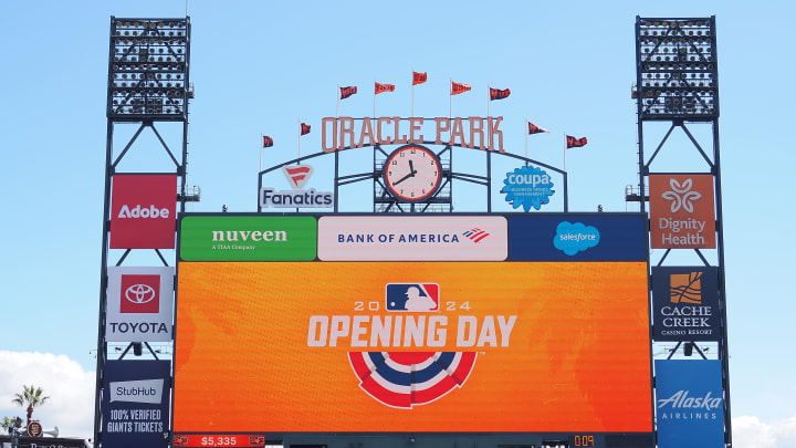 Apr 5, 2024; San Francisco, California, USA; The scoreboard is seen inside Oracle Park before the game between the San Francisco Giants and the San Diego Padres. 