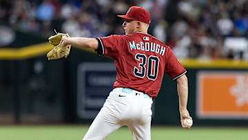 May 28, 2025; Phoenix, Arizona, USA; Arizona Diamondbacks pitcher Scott McGough against the Pittsburgh Pirates at Chase Field. Mandatory Credit: Mark J. Rebilas-Imagn Images