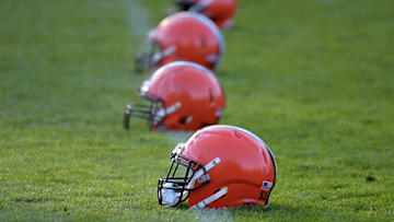 Oct 27, 2017; Bagshot, United Kingdom; A view of Cleveland Browns helmets during practice at the Pennyhill Park Hotel & Spa. Mandatory Credit: Kirby Lee-Imagn Images