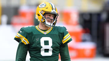 Jan 16, 2021; Green Bay, Wisconsin, USA; Green Bay Packers quarterback Tim Boyle (8) against the Los Angeles Rams during the NFC Divisional Round at Lambeau Field. Mandatory Credit: Mark J. Rebilas-Imagn Images