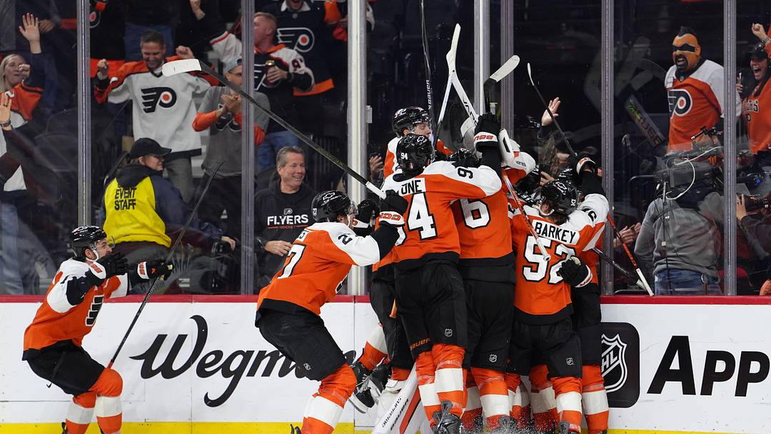 Apr 29, 2026; Philadelphia, Pennsylvania, USA; The Philadelphia Flyers celebrate after game six of the first round of the 2026 Stanley Cup Playoffs against the Pittsburgh Penguins at Xfinity Mobile Arena.