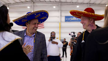 Jedd Fisch, Washington's head football coach, and Jeff Brohm, head Louisville football coach, were welcomed with sombreros as they arrived in El Paso on Thursday, Dec. 26, 2024, for the 2024 Tony the Tiger Sun Bowl.