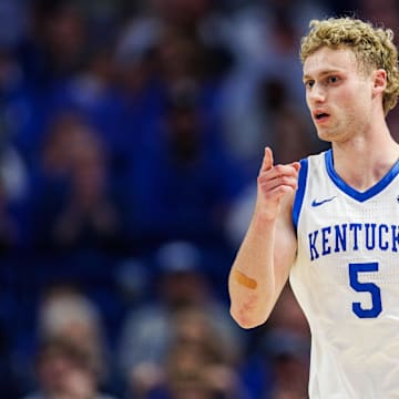 Mar 4, 2025; Lexington, Kentucky, USA; Kentucky Wildcats guard Collin Chandler (5) reacts after making a three-point basket during the first half against the LSU Tigers at Rupp Arena at Central Bank Center. Mandatory Credit: Jordan Prather-Imagn Images