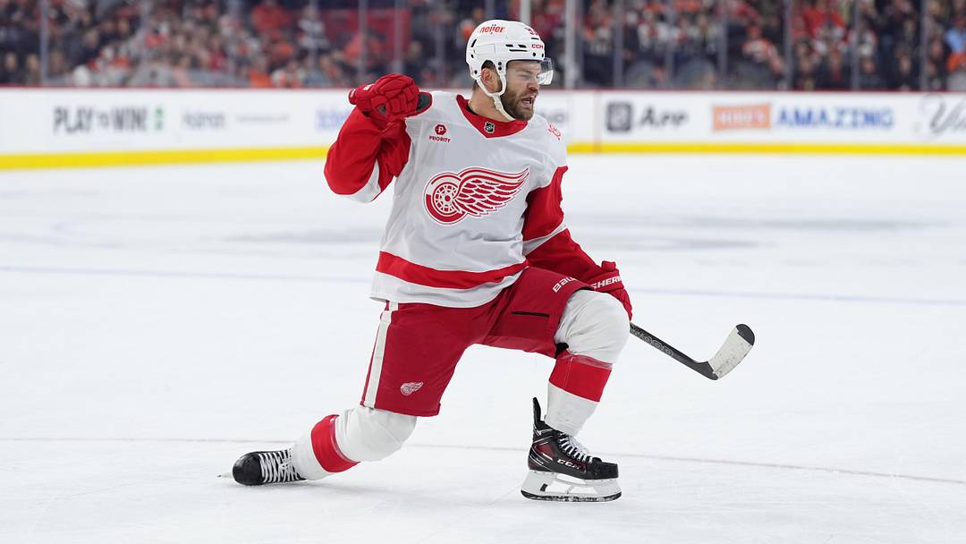 Apr 2, 2026; Philadelphia, Pennsylvania, USA; Detroit Red Wings right wing Alex Debrincat (93) reacts after scoring a goal against the Philadelphia Flyers in the first period at Xfinity Mobile Arena. Mandatory Credit: Kyle Ross-Imagn Images