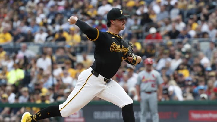 Jul 23, 2024; Pittsburgh, Pennsylvania, USA;  Pittsburgh Pirates starting pitcher Paul Skenes (30) pitches against the St. Louis Cardinals during the second inning at PNC Park. Mandatory Credit: Charles LeClaire-USA TODAY Sports