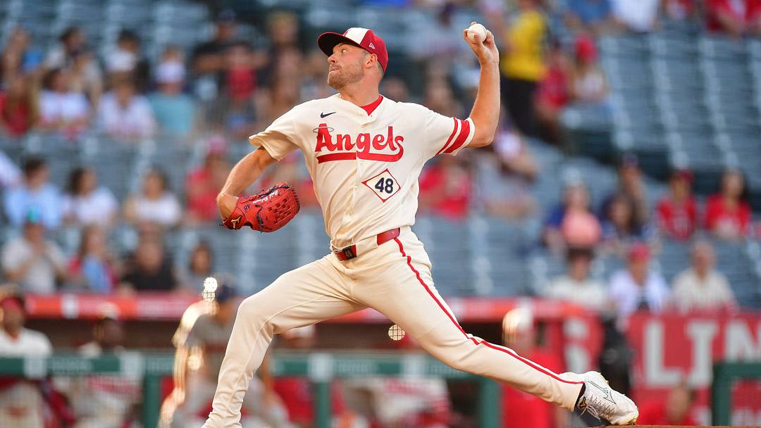 Jul 28, 2026; Anaheim, California, USA; Los Angeles Angels pitcher Reid Detmers (48) throws against the Houston Astros during the first inning at Angel Stadium. Mandatory Credit: Gary A. Vasquez-Imagn Images