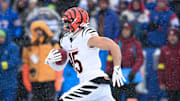 Dec 7, 2025; Orchard Park, New York, USA; Cincinnati Bengals wide receiver Charlie Jones (15) returns the opening kickoff against the Buffalo Bills at Highmark Stadium. Mandatory Credit: Mark Konezny-Imagn Images