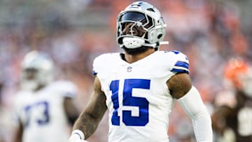 Sep 8, 2024; Cleveland, Ohio, USA; Dallas Cowboys running back Ezekiel Elliott (15) celebrates his first down run against the Cleveland Browns during the fourth quarter at Huntington Bank Field. Mandatory Credit: Scott Galvin-Imagn Images