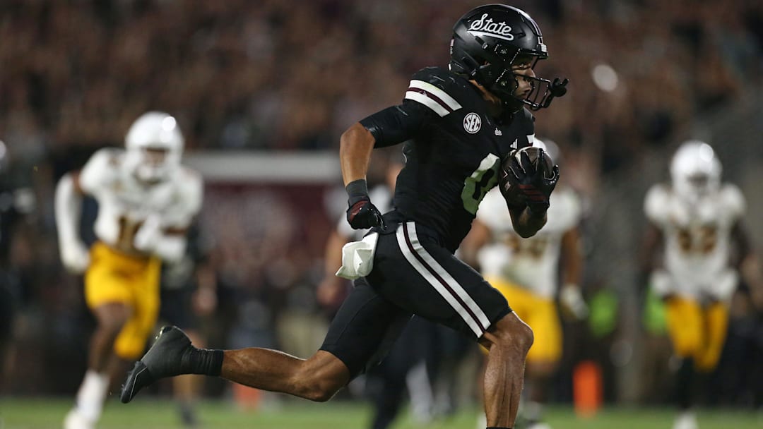 Sep 6, 2025; Starkville, Mississippi, USA; Mississippi State Bulldogs wide receiver Brenen Thompson (0) runs after a catch for a touchdown during the fourth quarter against the Arizona State Sun Devils at Davis Wade Stadium at Scott Field. Mandatory Credit: Petre Thomas-Imagn Images Sep 6, 2025; Starkville, Mississippi, USA; Mississippi State Bulldogs wide receiver Brenen Thompson (0) runs after a catch for a touchdown during the fourth quarter against the Arizona State Sun Devils at Davis Wade Stadium at Scott Field. Mandatory Credit: Petre Thomas-Imagn Images