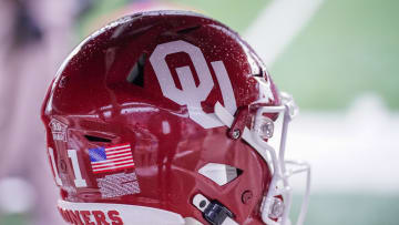 Oct 28, 2023; Lawrence, Kansas, USA; A general view of an Oklahoma Sooners helmet against the Kansas Jayhawks during the first half at David Booth Kansas Memorial Stadium. Mandatory Credit: Denny Medley-USA TODAY Sports