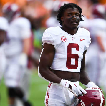 Alabama defensive back Khyree Jackson (6) on the4 sidelines after a timeout during a game between Tennessee and Alabama in Neyland Stadium, on Saturday, Oct. 15, 2022.

Tennesseevsalabama1015 3011