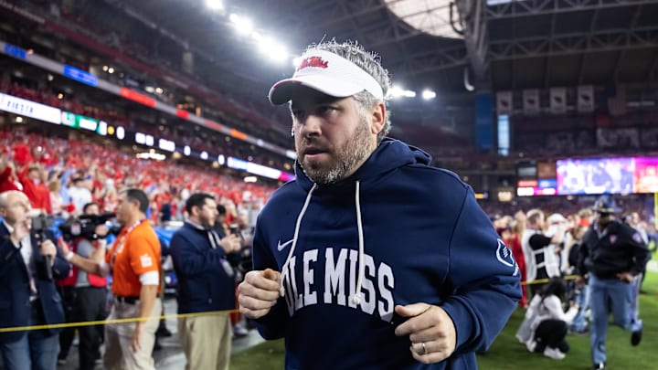 Jan 8, 2026; Glendale, AZ, USA; Mississippi Rebels head coach Pete Golding against the Miami Hurricanes during the 2026 Fiesta Bowl and semifinal game of the College Football Playoff at State Farm Stadium. Mandatory Credit: Mark J. Rebilas-Imagn Images