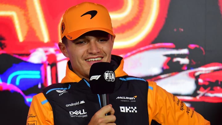 Nov 15, 2023; Las Vegas, Nevada, USA; McLaren F1 Team driver Lando Norris of Great Britain speaks during media availabilities at Las Vegas Strip Circuit. Mandatory Credit: Gary A. Vasquez-USA TODAY Sports