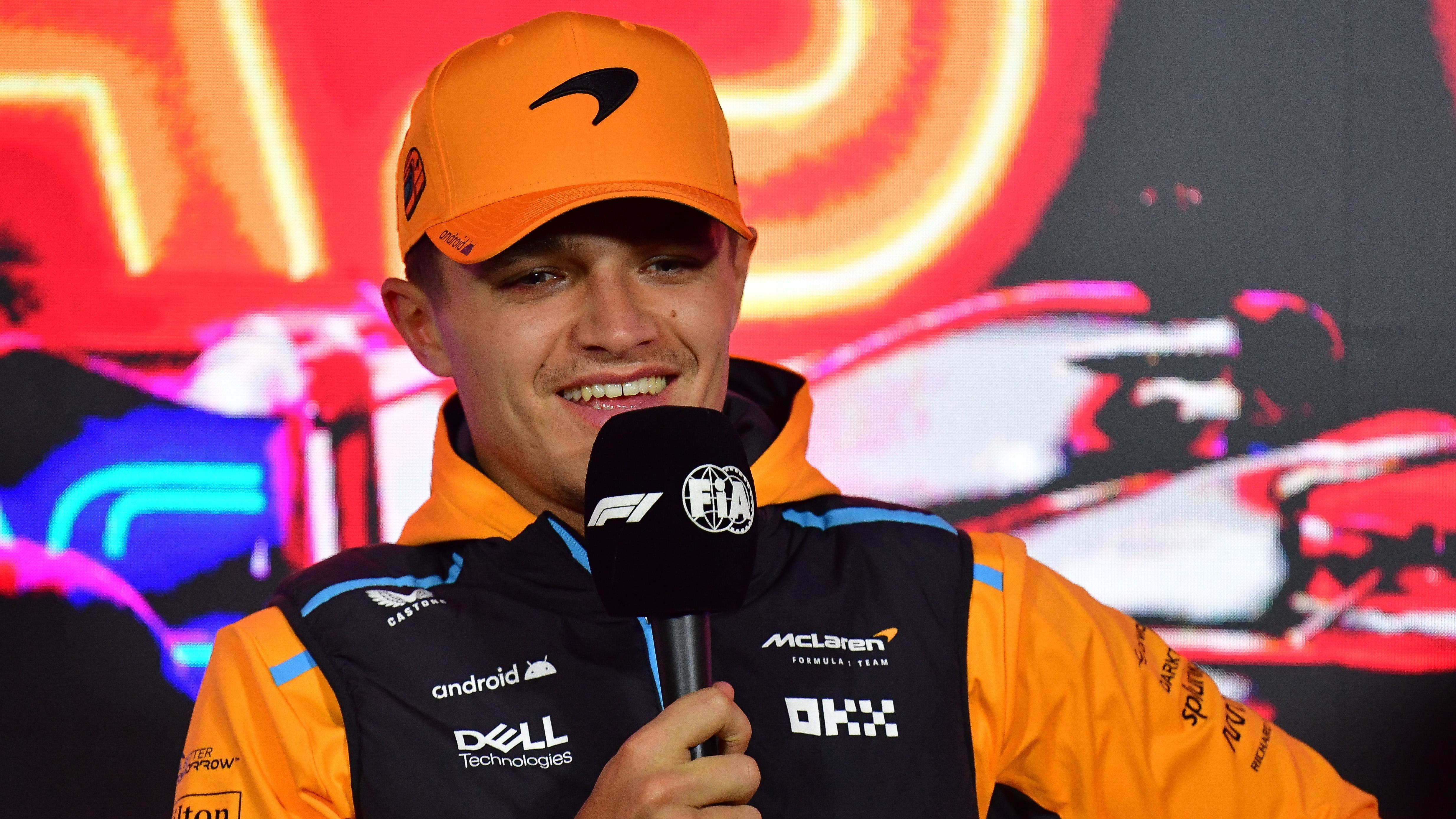 Nov 15, 2023; Las Vegas, Nevada, USA; McLaren F1 Team driver Lando Norris of Great Britain speaks