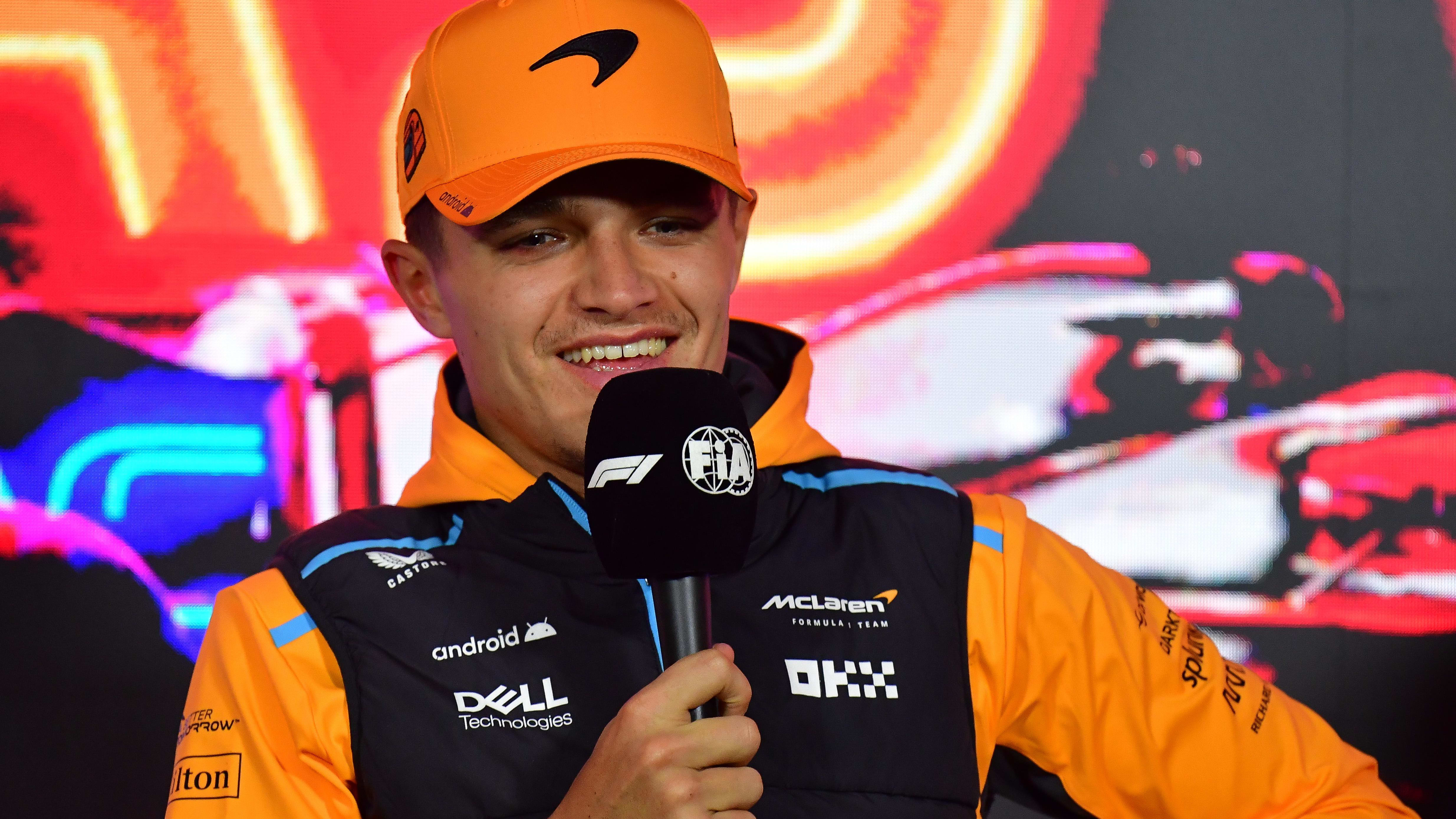 Nov 15, 2023; Las Vegas, Nevada, USA; McLaren F1 Team driver Lando Norris of Great Britain speaks