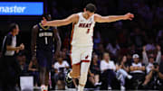 Oct 13, 2024; Miami, Florida, USA; Miami Heat forward Nikola Jovic (5) reacts after scoring against the New Orleans Pelicans during the second quarter at Kaseya Center. Mandatory Credit: Sam Navarro-Imagn Images