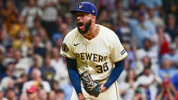 Sep 18, 2024; Milwaukee, Wisconsin, USA; Milwaukee Brewers pitcher Devin Williams (38) reacts after pitching in the ninth inning against the Philadelphia Phillies at American Family Field. Mandatory Credit: Benny Sieu-Imagn Images