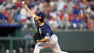 Aug 9, 2024; Kansas City, Missouri, USA; Kansas City Royals starting pitcher Michael Lorenzen (24) pitches during the fourth inning against the St. Louis Cardinals at Kauffman Stadium. Mandatory Credit: Jay Biggerstaff-Imagn Images