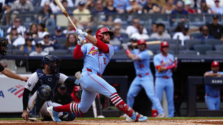 Aug 31, 2024; Bronx, New York, USA; St. Louis Cardinals second baseman Brendan Donovan (33) hits a three run home run against the New York Yankees during the third inning at Yankee Stadium. Mandatory Credit: Gregory Fisher-USA TODAY Sports