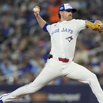 Oct 20, 2025; Toronto, Ontario, CAN; Toronto Blue Jays pitcher Shane Bieber (57) pitches against the Seattle Mariners in the second inning during game seven of the ALCS round for the 2025 MLB playoffs at Rogers Centre. Mandatory Credit: John E. Sokolowski-Imagn Images