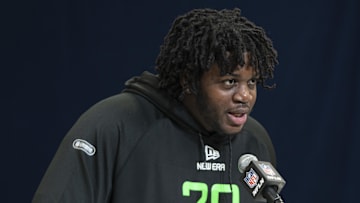 Mar 1, 2025; Indianapolis, IN, USA; University of Missouri offensive lineman Armand Membou (OL28) answers questions at a press conference during the 2025 NFL Combine at Indiana Convention Center. Mandatory Credit: Jacob Musselman-Imagn Images