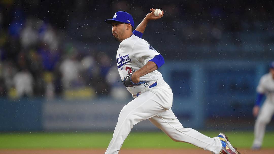 Mar 31, 2026; Los Angeles, California, USA; Los Angeles Dodgers pitcher Edwin Diaz (3) throws against the Cleveland Guardians during the ninth inning at Dodger Stadium. Mandatory Credit: Gary A. Vasquez-Imagn Images