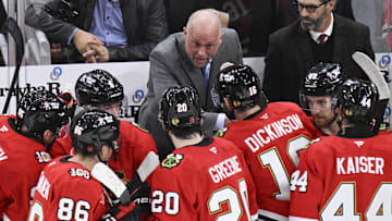 Oct 17, 2025; Chicago, Illinois, USA;  Chicago Blackhawks head coach Jeff Blashill talks with the team during the third period against the Vancouver Canucks at the United Center. Mandatory Credit: Matt Marton-Imagn Images