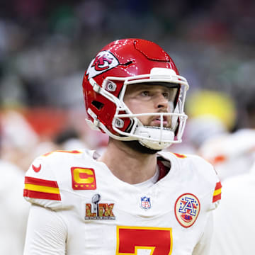 Feb 9, 2025; New Orleans, LA, USA;  Kansas City Chiefs kicker Harrison Butker (7) against the Philadelphia Eagles in Super Bowl LIX at Ceasars Superdome. Mandatory Credit: Mark J. Rebilas-Imagn Images