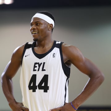 Feb 18, 2024; Indianapolis, Indiana, USA; Team ELY forward-center Oscar Tshiebwe (44) of the Indiana Mad Ants looks on against Team BallIsLife during the G-League Next Up game at Indiana Convention Center. Mandatory Credit: Trevor Ruszkowski-USA TODAY Sports