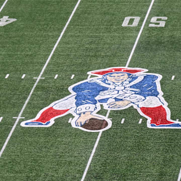 Dec 1, 2024; Foxborough, Massachusetts, USA; A general overview of the game field with the Pat Patriot throwback logo at Gillette Stadium prior to a game against the Indianapolis Colts. Mandatory Credit: Eric Canha-Imagn Images