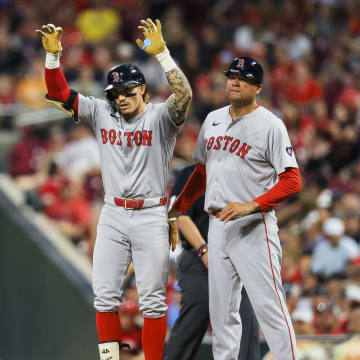 Jun 21, 2024; Cincinnati, Ohio, USA; Boston Red Sox outfielder Jarren Duran (16) reacts after hitting a single against the Cincinnati Reds in the eighth inning at Great American Ball Park.