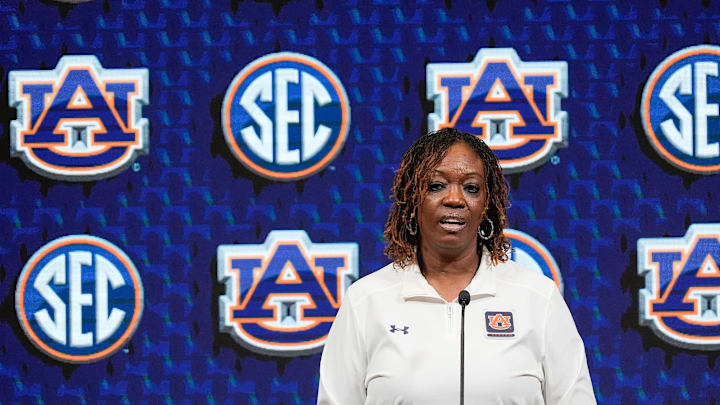 Auburn women’s coach Johnnie Harris speaks during SEC Media Day at the Grand Bohemian Hotel in Mountain Brook Tuesday, Oct. 16, 2024.