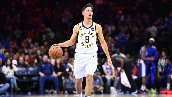 Oct 24, 2022; Philadelphia, Pennsylvania, USA; Indiana Pacers guard T.J. McConnell (9) controls the ball against the Philadelphia 76ers in the second quarter at Wells Fargo Center. Mandatory Credit: Kyle Ross-USA TODAY Sports