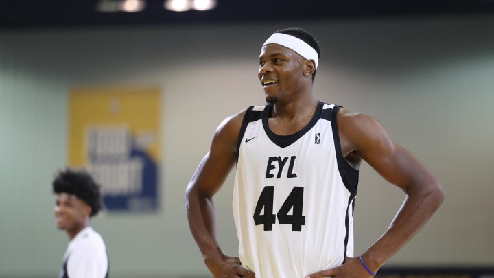 Feb 18, 2024; Indianapolis, Indiana, USA; Team ELY forward-center Oscar Tshiebwe (44) of the Indiana Mad Ants looks on against Team BallIsLife during the G-League Next Up game at Indiana Convention Center. Mandatory Credit: Trevor Ruszkowski-USA TODAY Sports