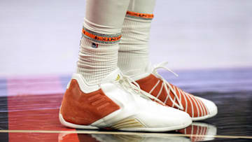 Jan 19, 2024; Portland, Oregon, USA; A general view of the sneakers worn by Portland Trail Blazers small forward Jerami Grant (9) during the first half against the Indiana Pacers at Moda Center. Mandatory Credit: Soobum Im-Imagn Images