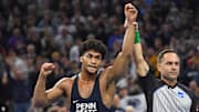Carter Starocci of the Penn State Nittany Lions celebrates his fifth national title at the 2025 NCAA Men's Wrestling Championship at Wells Fargo Center in Philadelphia.