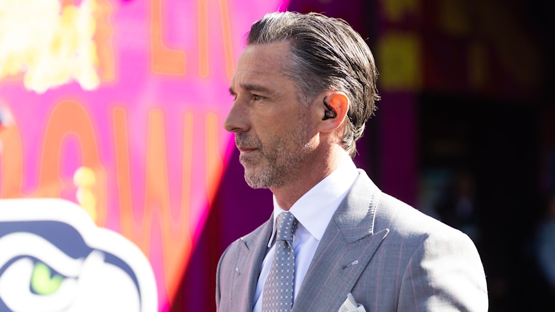 Feb 8, 2026; Santa Clara, CA, USA; NBC Sports analyst Kyle Shanahan prior to the New England Patriots game against the Seattle Seahawks in Super Bowl LX at Levi's Stadium. Mandatory Credit: Mark J. Rebilas-Imagn Images