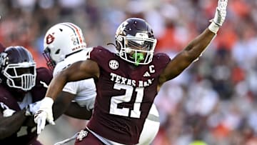 Sep 27, 2025; College Station, Texas, USA; Texas A&M Aggies linebacker Taurean York (21) defends in coverage against the Auburn Tigers during the fourth quarter at Kyle Field. Mandatory Credit: Maria Lysaker-Imagn Images 