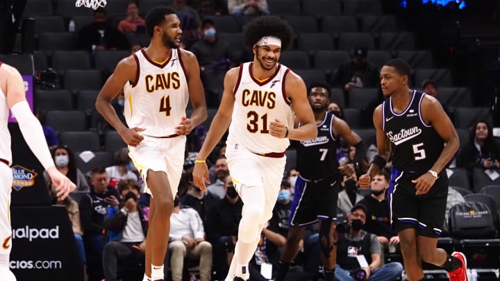 Jan 10, 2022; Sacramento, California, USA; Cleveland Cavaliers center Jarrett Allen (31) smiles with forward-center Evan Mobley (4) after scoring a basket against the Sacramento Kings during the fourth quarter at Golden 1 Center. Mandatory Credit: Kelley L Cox-USA TODAY Sports