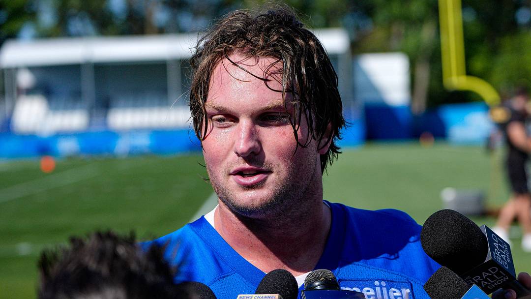 Detroit Lions tackle Blake Miller (76) speaks to media members after practice during training camp at Meijer Performance Center in Allen Park on Wednesday, July 29, 2026.