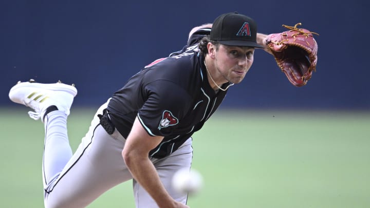 Jul 6, 2024; San Diego, California, USA; Arizona Diamondbacks starting pitcher Brandon Pfaadt (32) pitches against the San Diego Padres during the first inning at Petco Park. Mandatory Credit: Orlando Ramirez-USA TODAY Sports