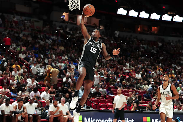 San Antonio Spurs guard Jamaree Bouyea (15) shoots against the Portland Trail Blazers during the second quarter.