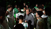 Oregon head coach Dana Altman talks to his team before the game as the Oregon Ducks host the Montana Grizzlies at Matthew Knight Arena Friday, Nov. 8, 2024 in Eugene, Ore.