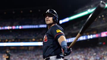 May 29, 2025; Philadelphia, Pennsylvania, USA; Atlanta Braves third base Austin Riley (27) prepares to bat during the ninth inning against the Philadelphia Phillies at Citizens Bank Park. Mandatory Credit: Bill Streicher-Imagn Images